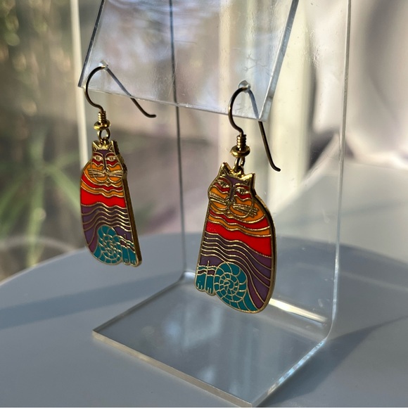 Vintage 80s signed Laurel Birch "Rainbow Cats" french hook earrings - Picture 6 of 10